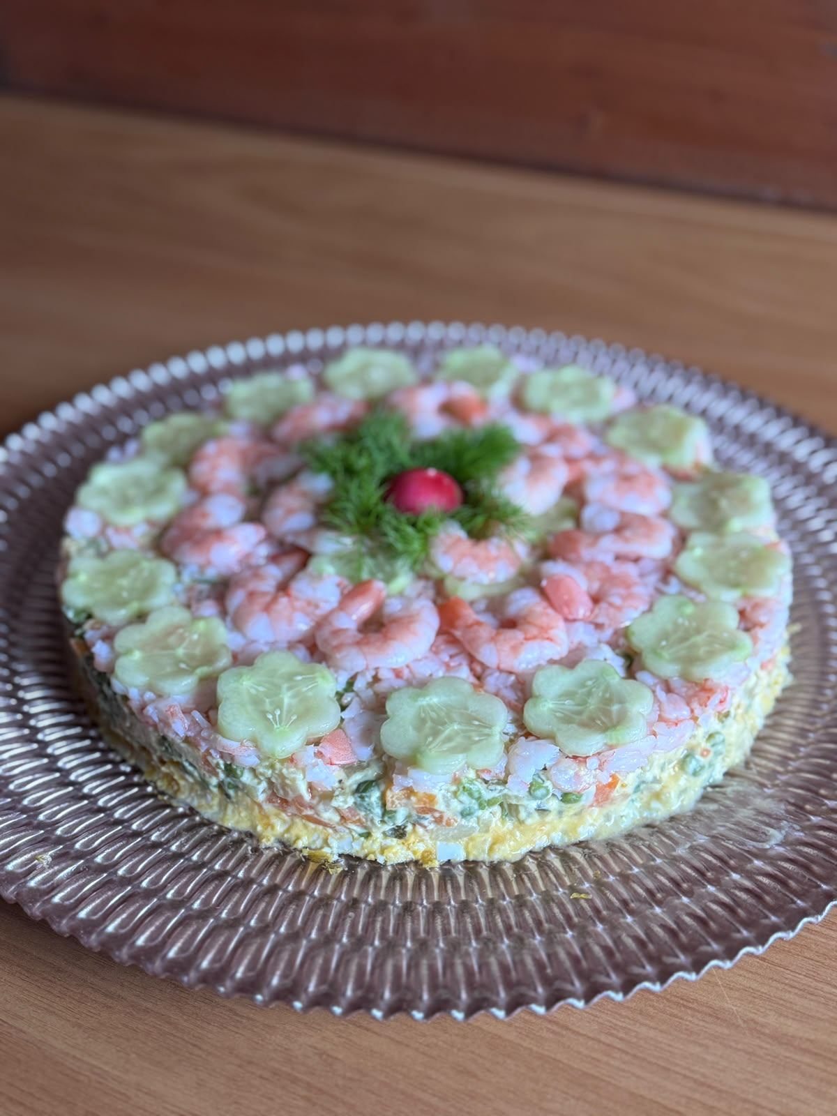 Tortino di riso, gamberetti e verdure